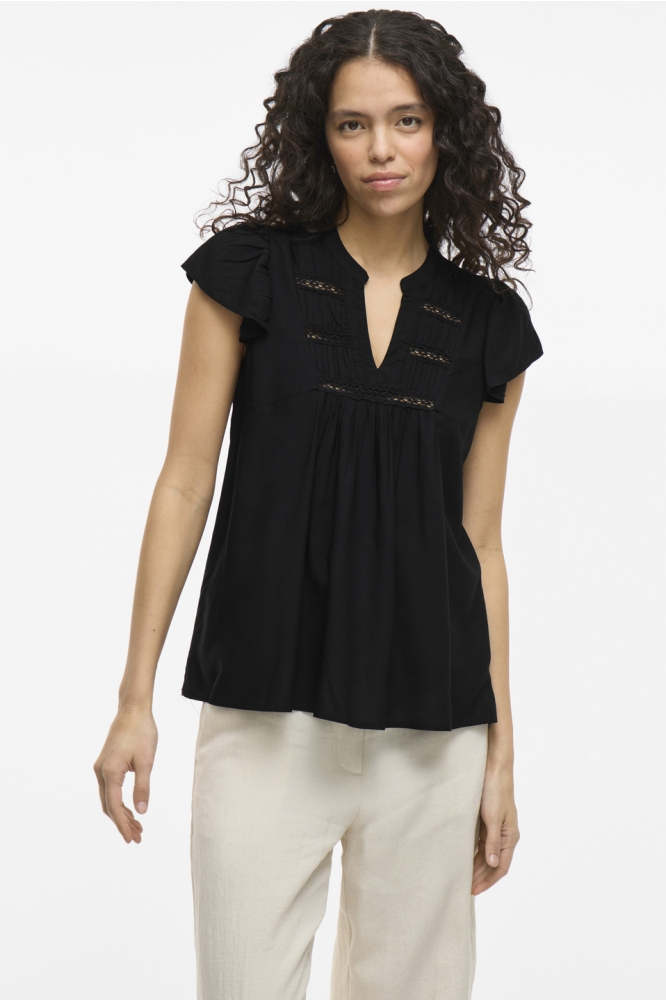 VIVISIA V-NECK C/S PLEATED TOP/TES 14106953 BLACK BEAUTY